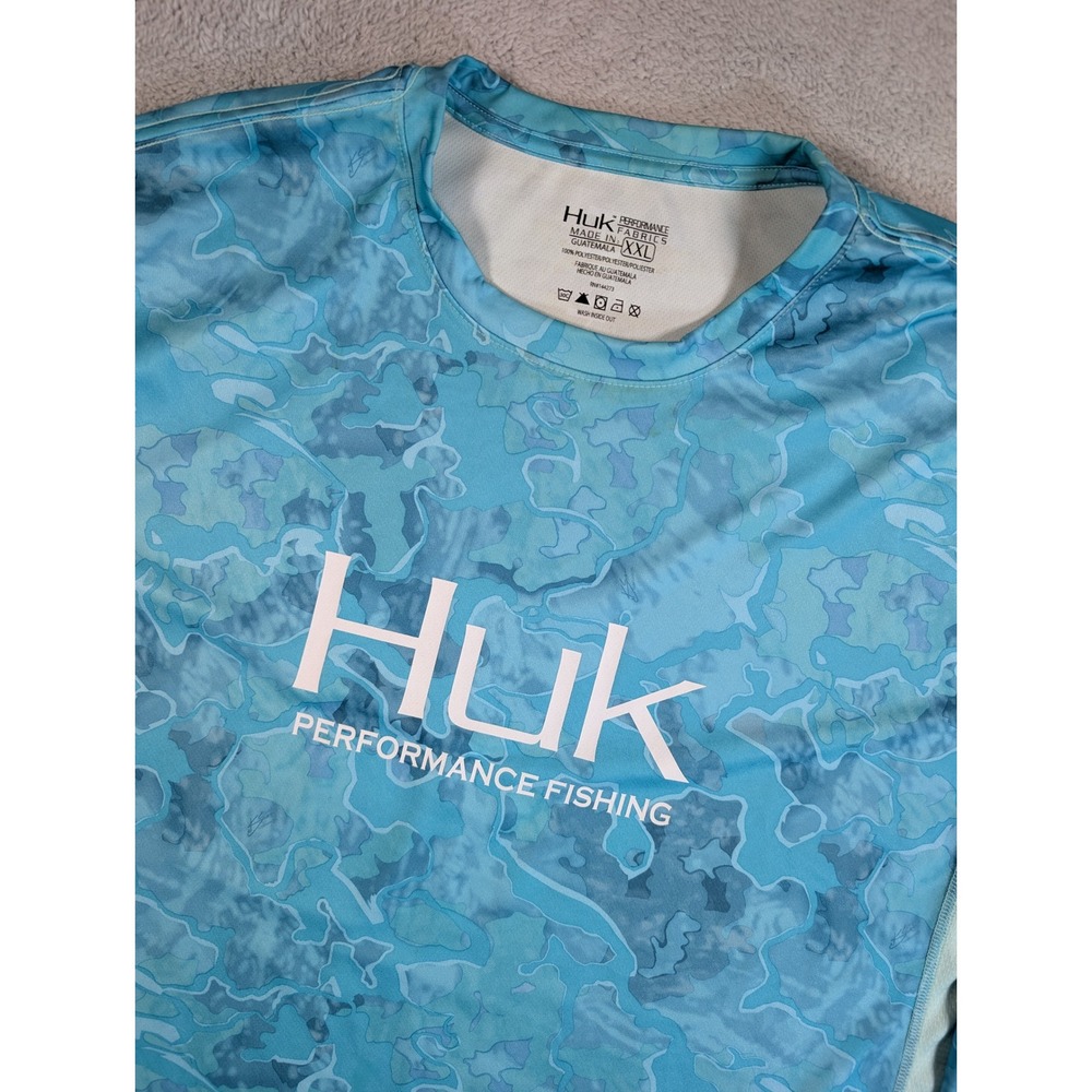 Huk Performance Fishing Shirt Mens XXL Blue Camo Long Sleeve Mesh Breathable
